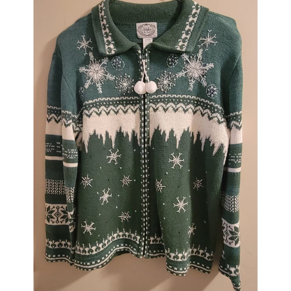 Stitches In Time Cardigan Sz Lg Sweater Green White Full Zip Snowflakes Collar